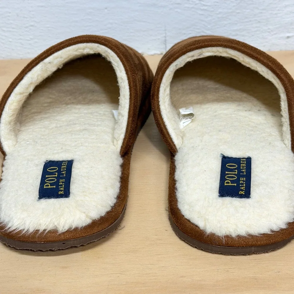 Polo Ralph Lauren Klarence Men 9 Brown Suede Faux Fur Scuff Slippers SMF3537ARL